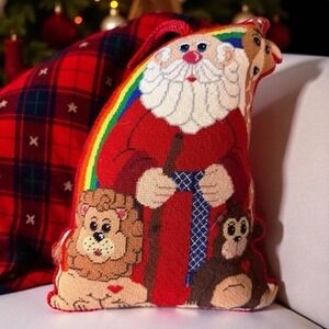 VTG Santa Christmas Pillow Handmade Cross-Stitch Embroidered Holiday Rainbow
